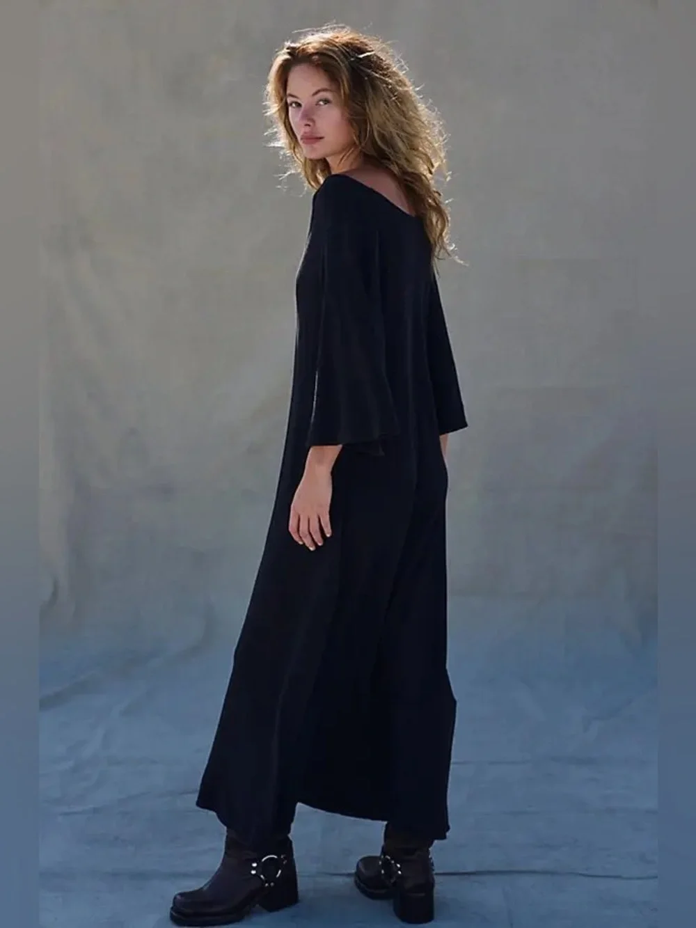 Free People Medina Shapeless A-Line Hem Wide Scoop Neck Black Midi Dress NWT S